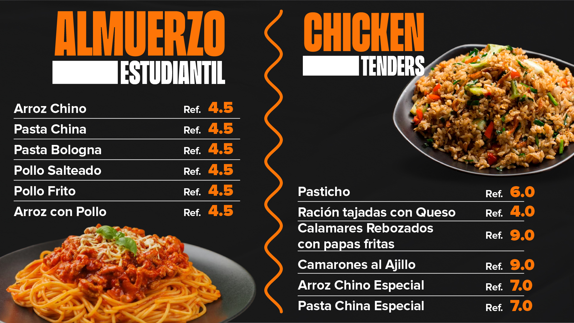 Menu de almuerzo estudiantil y chicken tenders